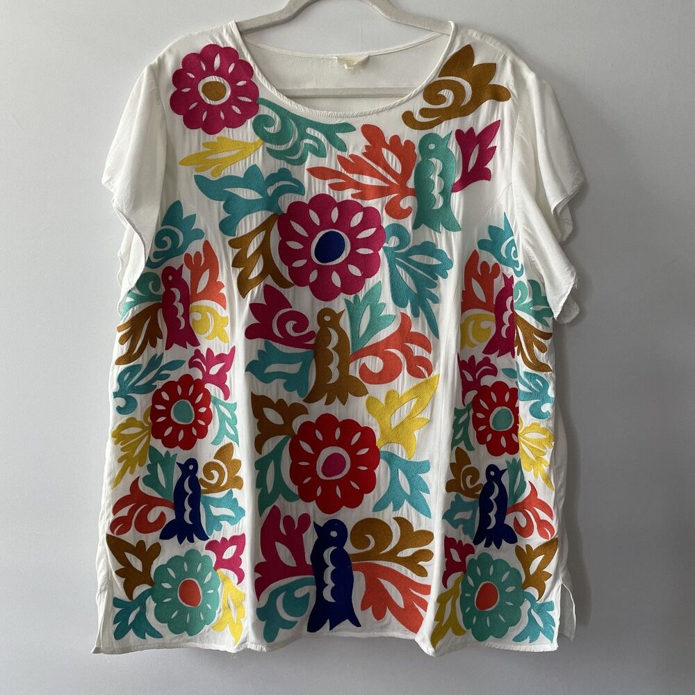 Layerz Clothing Embroidered Floral Bird Short Sleeve Blouse Ivory XL